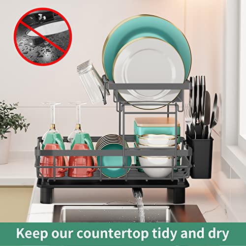 MOUKABAL Dish Drying Rack, Stainless Steel 2-Tier Dish Racks for Kitchen Counter, Large Capacity Dish Rack with Removable Utensil Holder, Dish Drying Rack with Drainboard and Kitchen Sink(Grey)