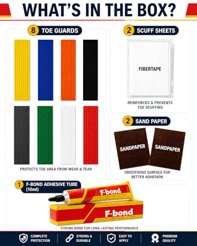 Image of Cricket Bat Toe Guard Repair Kit, 8 Multicolor Rubber Toe Guards with 10ml Adhesive, 2 Fiberglass Tape Sheets, 2 Sandpapers for Rubbing | Anti-Scuff & Anti-Crack Bat Protection Set