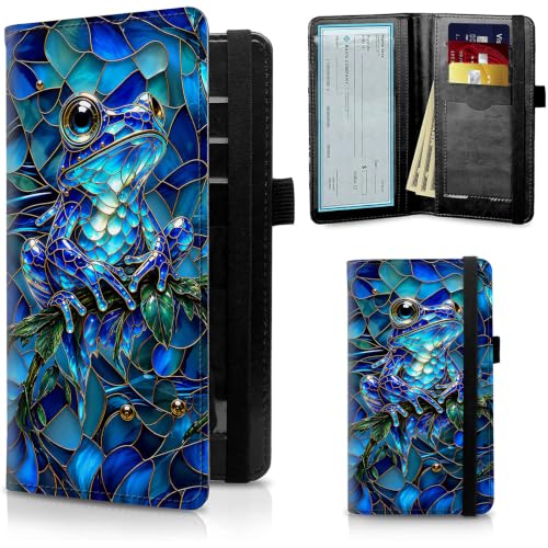 Image of FUYOCWE Stained Glass Blue Frog Checkbook Cover for Men & Women | RFID Blocking Vegan Leather Checkbook Case Card Holder for Personal and Business Checks with Pen Holder & Elastic Band