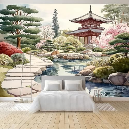 NAWVNMI Japanese Garden Wallpaper - Pond Pavilion Wall Mural for Bedroom Living Room (150x105cm(59x41) Self-Adhesive) Removable Peel and Stick Wall Murals