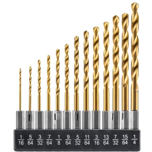Drill Bit Set Titanium Coated Quick Change Hex Shank Drill Bit Set For Wood Soft Metal Plastic Improved Design 1/16” To 1/4” Holder Included Twist Drill Bit Set High Speed Steel #TOP17