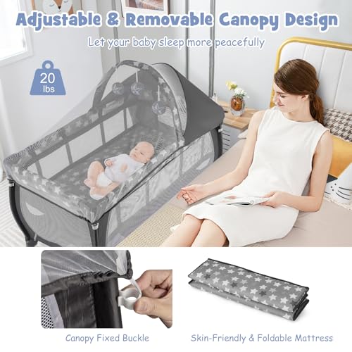 Image of BABY JOY 4 in 1 Pack and Play, Portable Baby Playard with Bassinet, Adjustable Canopy, Changing Table, Lockable Wheels, Music Box, Travel Baby Crib Bassinet from Newborn to Toddler