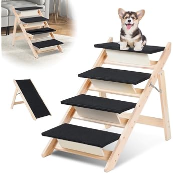 Dog Stairs 2-in-1 Dog Ramp Foldable Pet Stairs 65.5 cm High 4-Tier Foldable Cat Stairs Maximum Load 80 kg Pet Stairs with Non-Slip Step Mat for Dogs and Cats