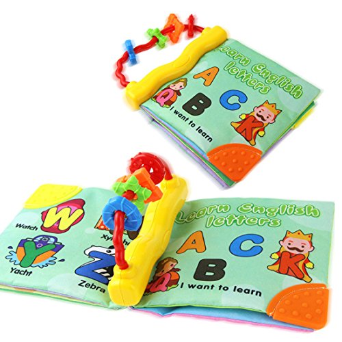Coolplay Non-Toxic Soft Book with Teether Rings, Infant Activity Toys, Cloth Rattles for Baby Learning Letters ABC - Squeak Rattle Crinkle