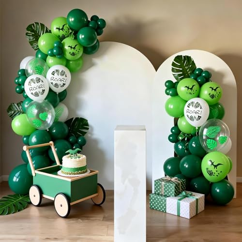 Image of Dinosaur Balloons, 50 Pcs Green White for Boys Dinosaur Birthday Party | 12 Inch Fruit Green White Dino Leaf Print Latex Balloons for Woodland Safari Jungle Dinosaur Baby Shower Party Decorations