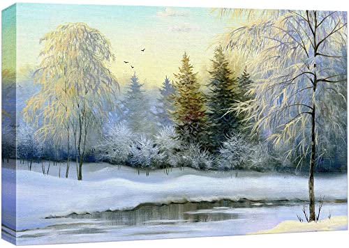 wall26 Canvas Print Wall Art Winter Forest Landscape with Frozen Lake Nature Wilderness Illustrations Modern Art Rustic Scenic Colorful Multicolor for Living Room, Bedroom, Office - 24'x36'