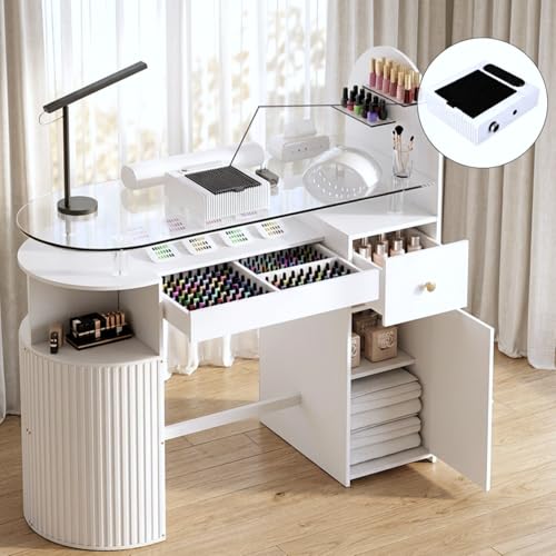 HolaiNail Manicure Table with Dust Collector, Professional Nail Tech Desk with Tempered Glass Top, Storage Cabinet & Drawer, Acetone Resistant, for Nail Beauty Salon Workstation(White)
