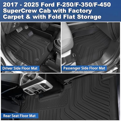 Image of WEIZE Floor Mats Compatible with F250 /F350, All Weather Floor Liners for 2017-2024 2025 Ford F-250 /F-350 SuperCrew Cab Rear with Under Seat Fold Flat Storage,Set of 3