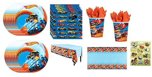 Hot Wheels Wild Racer Birthday Party Supplies Bundle Pack for 16 includes Dessert Plates Napkins Cups Table Cover
