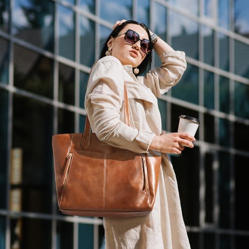 Missnine Tote Bag for Women with Zipper, Leather Purse and Handbags, Ladies Top-handle Shoulder Hobo Bags for Work, Casual, Travel, Brown