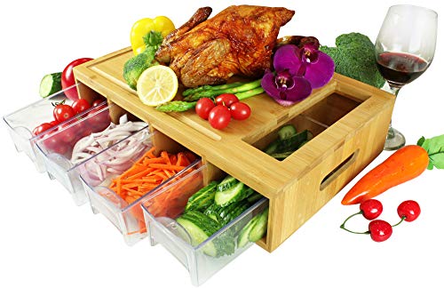 Bamboo Cutting Board With Trays. Multi-functional: 4 drawers can be used as PREP DISHES or for STORAGE. Design with juice grooves, handles, and a large opening to EFFICIENTLY SLIDE food into!