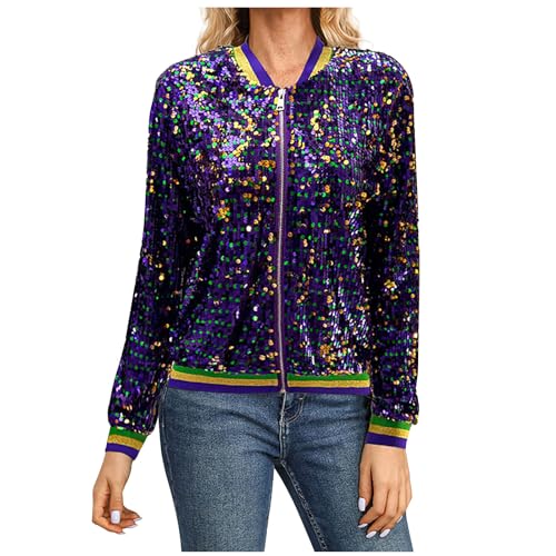 UYISJ Carnival Festival Costumes for Women Mardi Gras Sequin Jacket Front Zip Up Glitter Bomber Jackets New Orleans Outfits Sequin Mardi Gras Shirts for Women B, Purple