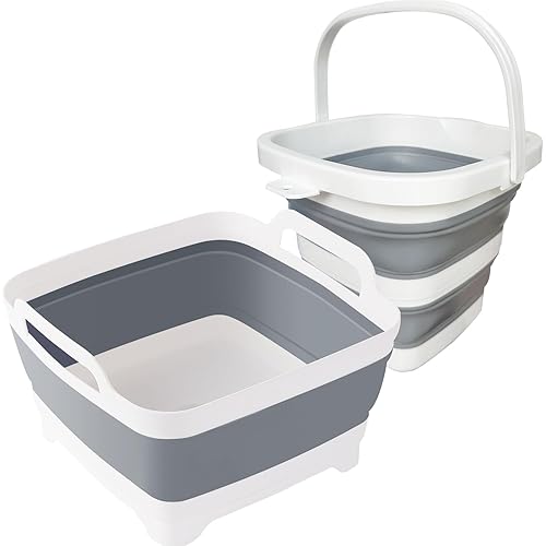 Collapsible Basin Bucket (9L+5L)-Collapsible Dish Tub Portable Sink-Foldable Sink Tub for Cleaning Foldable Portable Plastic (9l Dishpan Grey + 5l Bucket Grey)