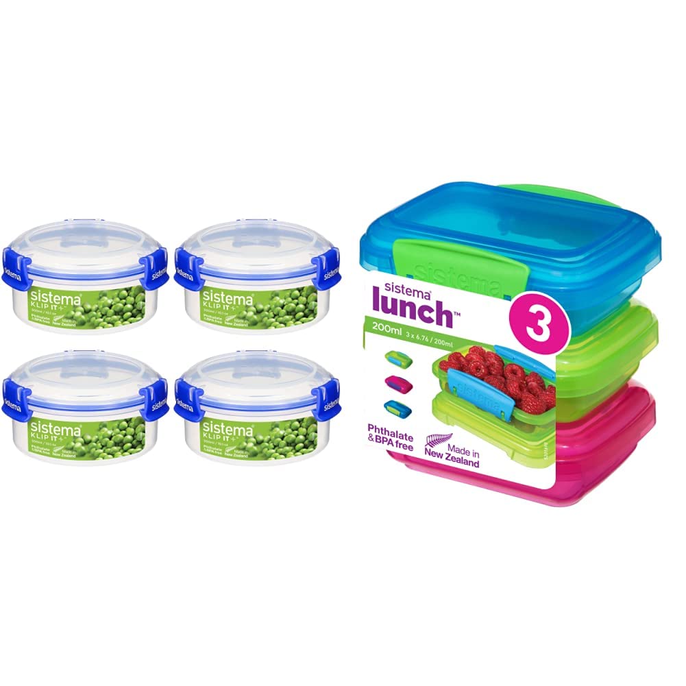 Sistema KLIP IT PLUS Round Food Storage Containers | 300 ml Stackable & Airtight Fridge/ 4 Count & Lunch Food Storage Containers | 200 ml | Small Snack Pots | BPA-Free Plastic | 3 Count