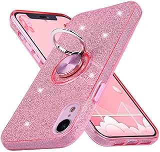 wisdompro Glitter Case for iPhone XR 6.1 Inch, Cute Bling Sparkle Protective Shockproof Phone Case Cover with 360° Ring Holder Kickstand, Anti-Scratch - Pink