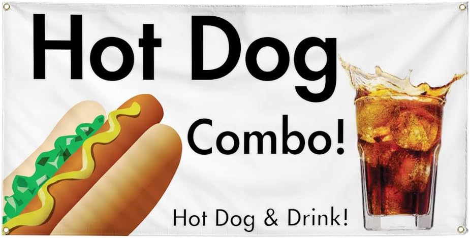 Vinyl Banner Multiple Sizes Hot Dog Combo! & Drink! A Restaurant & Food Outdoor Weatherproof Industrial Yard Signs Black 4 Grommets 16x40Inches