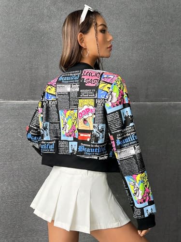 WDIRARA Women's Newspaper Graphic Print Zipper Front Long Sleeve Baseball Bomber Jacket2
