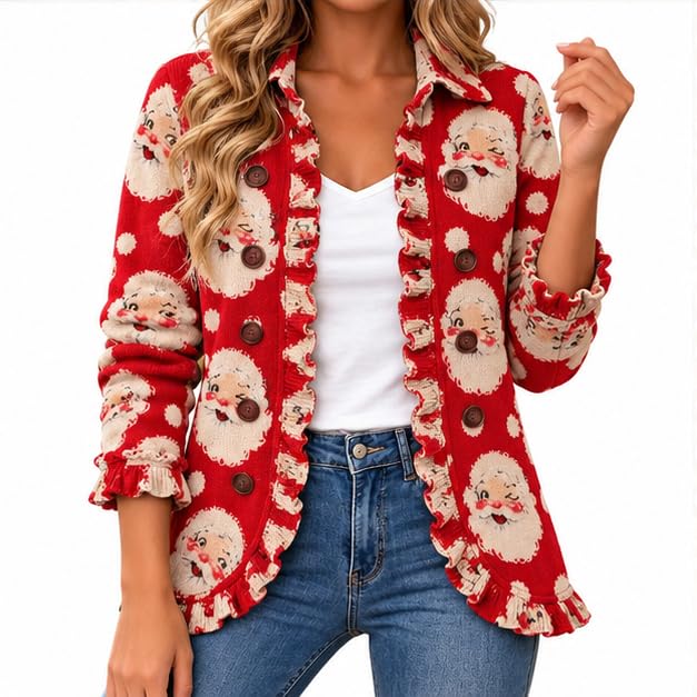 Christmas Jacket For Women Open Front Ruffle Trim Button Down Peplum Coat - image 5