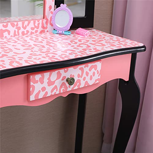 Outvita Kids' Wooden Vanity Table And Stool Set With Drawer & Tri-Folding Mirror, Girls Pretend Play Princess Makeup Dressing Table, Pink/Black #TOP3