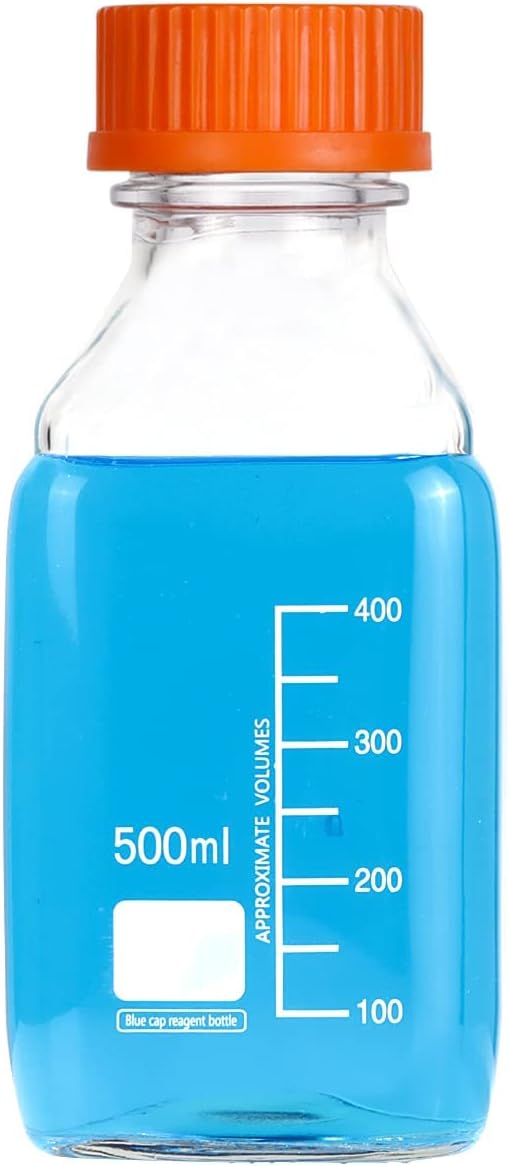 Moonetto 8 Pieces 500ml Square Glass Media Bottle Graduated Storage Bottle with GL45 Polypropylene Orange Cap