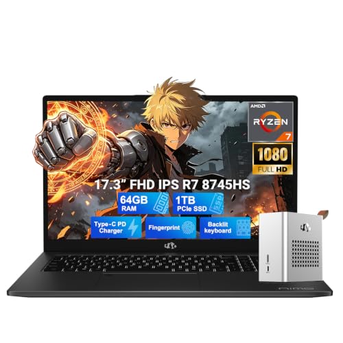 Image of NIMO 17.3 inch Light Gaming Laptop, AMD Ryzen 7 8745HS 64GB DDR5 1TB SSD Radeon 780M, Backlit KB FHD IPS w /eGPU Dock with RX 7600M XT 8GB GDDR6 for AI Tasks, Video Editing, Remote Streaming, 2-Yr Warranty