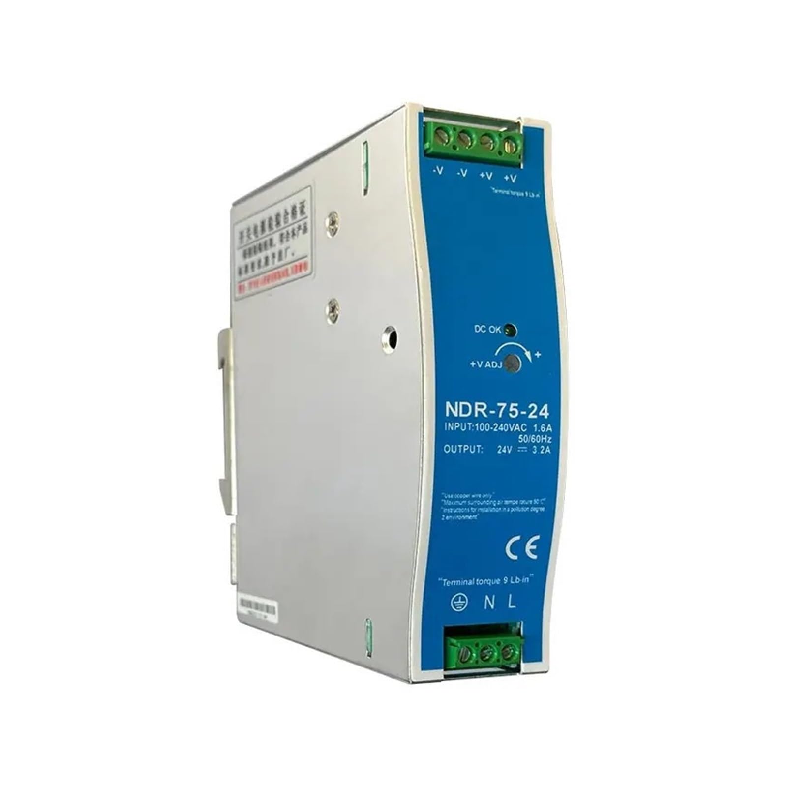 Alimentation à découpage sur Rail DIN Alimentation à découpage Industrielle CA/CC 12 V 24 V 48 V NDR75W montée sur Rail DIN, Sortie Simple(NDR-75W-24V 3.2A)