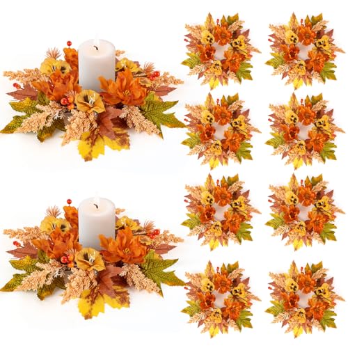 Image of 8 Pcs Fall Floral Candle Rings Mini Autumn Candle Rings Wreaths with Berries Table Centerpiece Fall Hanging Wreath for Farmhouse Table Front Door Indoor Decorations