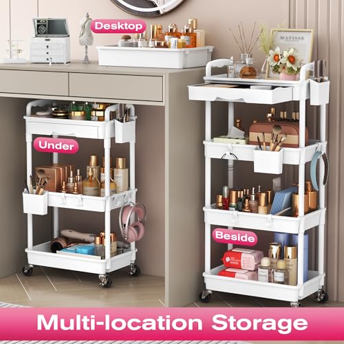 Image of Goovilla Rolling Makeup Organizer Cart with Removable Drawer, 4 Tier Stable White Floor Skincare Storage Cart for Vanity, Cosmetic Display, Nail Polish, Perfume, Hair Stuff, Beauty, Bathroom(Plastic)