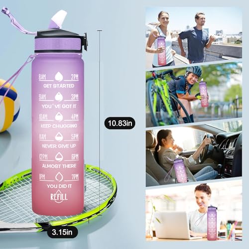 2 Stück Trinkflasche 1L, BPA-Frei Tritan Wasserflasche mit Strohhalm, Sport water bottle mit Zeitmarkierung für Fitness, Schule, Yoga, Outdoor (2 Stück Weiß-Schwarz, Lila Hellorange) – Bild 6