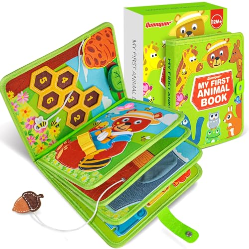 Quanquer Animal Busy Board Montessori Juguetes para Niños Pequeños de 1 2 3 años – Libro de Actividades para Bebés, Niños y Niñas, Regalo de Cumpleaños con Caja de Regalo – Avión Coche Viaje