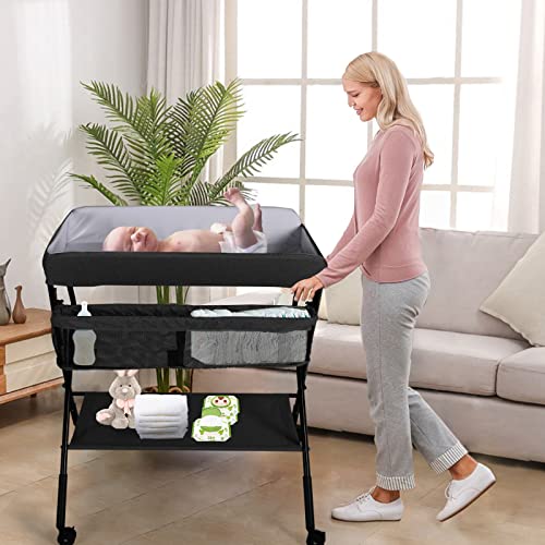 Kinder King Portable Baby Changing Table W/Wheels, Adjustable Height Folding Infant Diaper Station, Mobile Newborn Nursery Organizer, Large Storage Rack, Black #TOP6