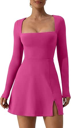 EXLURA Vestido Corto De Cuello Cuadrado Para Mujer, Manga Larga