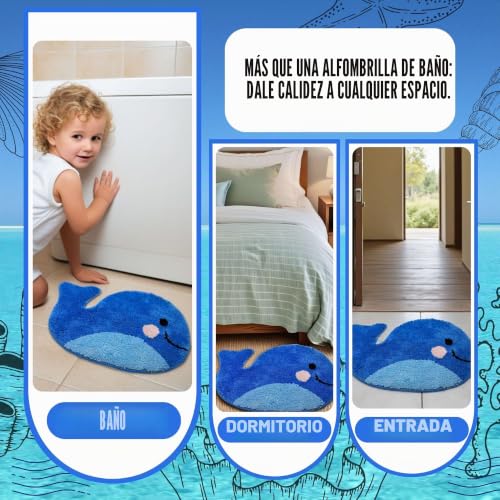 Miniatura 3 de Sagielio Alfombra De Baño Para Niños, Bonita Alfombra De Baño De Microfibra Antideslizante Azul Ballena, Tapete De Rizo Lavable Y Absorbente De Agua Para Niños Y Niñas, Perfecto Para Decoración De
