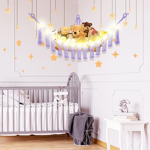 Image of CERETIA Stuffed Animal Hammock with LED Light, Large Stuffed Animals Storage Corner Plushie Net for Kids Room Decor, Jumbo Purple