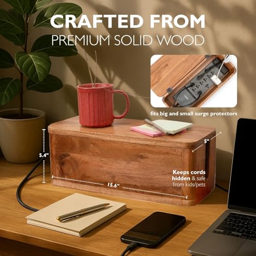 Image of Large Cable Management Box - Acacia Wood - Cable Organizer Box and Power Strip Box for Electrical Cord Management - Hide Desk Cord and Floor Cables - Wire Storage and Organization for Cords