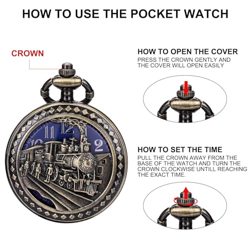 Image of SIBOSUN Antique Men Pocket Watch with Chain Oversized 50MM 1.96 Inch 3D Locomotive Steam Train Railroad Hollow + Box