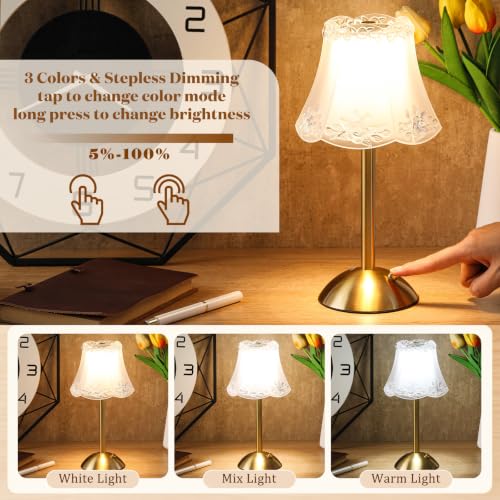 Image of Liliful 2 Pcs Cordless Table Lamp LED Touch, Gold, Floral Lace Style