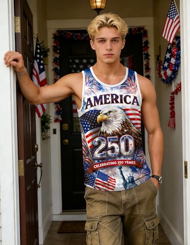 Image of Ithalt USA Tank Top Men 4th of July Patriotic Sleeveless American Flag Workout Shirt Summer Beach Independence Day