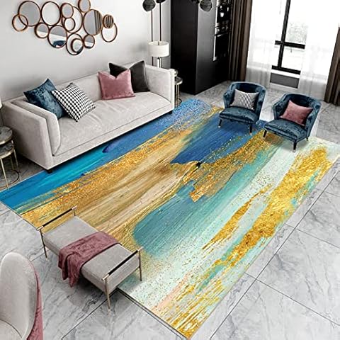 Small Area carpet 80 x 120 cm Soft Carpets, Indoor Entryway Rug Floor Mats for House Entrance Hallway Dinner Table,Gold sea blue watercolor abstraction,blue,80 x 120 cm Cover