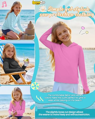 Image of 3 Pack Girls Sun Protection Swim Shirts UPF 50+ Long Sleeve Rash Guard Lightweight Quick Dry Hoodies with Thumbhole