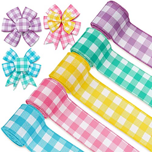 Whaline Colored Wired Edge Ribbon 30 Yards Spring Pastel Gingham Patterned Ribbon Colorful Buffalo Plaids Craft Fabric Ribbon for Gift Wreath Bow Making DIY Crafts Wrapping Supplies, 5 Rolls