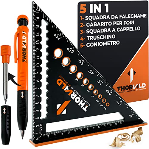 Squadra da Falegname MULTIFUNZIONE 180 mm [+PORTA MINE +ISTRUZIONI] Squadra Metallo Righello Truschino Guida Goniometro Angoli 45-90°/Attrezzi da Lavoro/Guida per Tracciatura Falegnameria Utensili