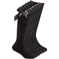 HAJRA® 3 Pairs Girls Knee High School Socks Fluffy Ribbons Bow Cotton Socks Back to School Socks Uniform Party Wear Socks Stocking Girls Bow Knee High Kids School Sock (4-6 (11+ Years), Black)