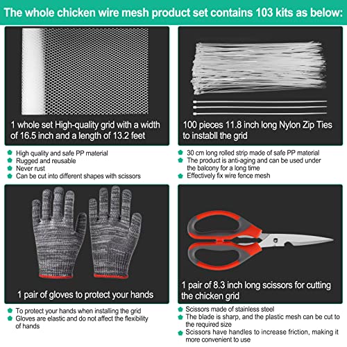 Plastic Poultry Chicken Wire Fencing Net 16.5 Inch X 13.2 Foot, 1 Pair Of Stainless Steel Scissors, 100Pcs Zip Ties, 1 Pair Of Gloves, Used For Poultry Fencing, Arboretum, Isolation Equipment #TOP1