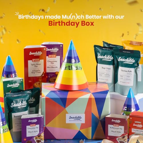 Image of Snackible Birthday Gift Box | Box of 12 Healthy Snacks | Not Fried | No Maida | Rich in Protein & Fibre | Healthy Gifting Option | Sweet & Savoury Snacks
