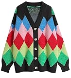 Ckikiou Women's Oversized Winter Plaid Color Block Knitted Cardigan Sweater V Neck Button Down Chunky Sweater Outerwear