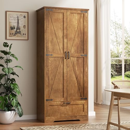 Vongrasig Kitchen Pantry Storage Cabinet with Barn Doors, Drawer and