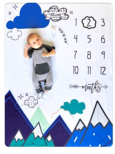 Image of Nurture Bird Baby Monthly Milestone Blanket | Includes Cloud Frame | Large Soft Fleece Month Blanket | Newborn Photography Gift for Baby Shower | Blue Mountain Adventure | 50” x 40”