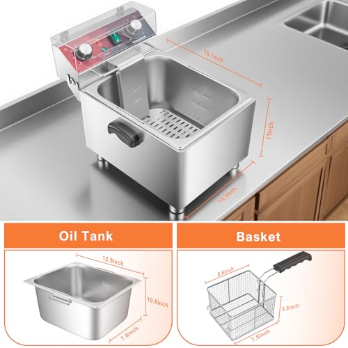Mvegoiuok Electric Deep Fat Fryer With Basket and Lid 1800W Commercial Deep Fish Fryer With Oil Filtration for Home Use and Restaurant 12.7QT Stainless Steels Oil Fryer - Image 6