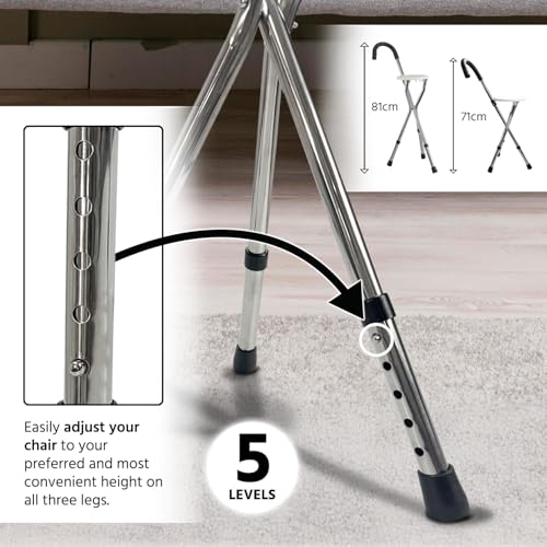 Mp Essentials Lightweight Portable Folding Walking Stick With Chair Seat Cane With Anti Slip Rubber Feet And Adjustable Height | Disability Elderly Walking Aid Support (White, One Size - Adjustable) - 4